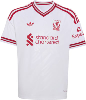 Weißes Liverpool-Fußballtrikot mit roten Streifen und Adidas- und Club-Logos. Weißes Liverpool-Fußballtrikot mit roten Streifen und Adidas- und Club-Logos.