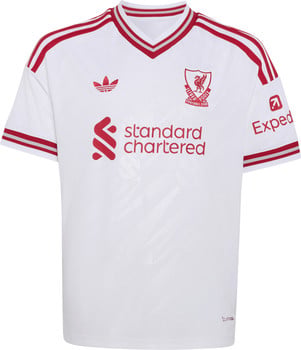 Weißes Liverpool-Fußballtrikot mit roten Streifen und Adidas- und Club-Logos.
