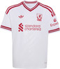 Weißes Liverpool-Fußballtrikot mit roten Streifen und Adidas- und Club-Logos.