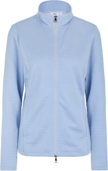 Blaue gesteppte Jacke mit Stehkragen und silbernem Reißverschluss.