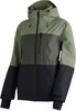 Grüne und dunkelblaue Herren-Winterjacke mit Kapuze und Reißverschluss.