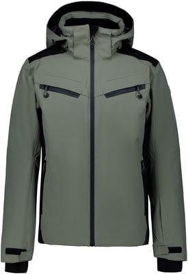 Grüne Herren-Winterjacke mit schwarzen Details und Kapuze.