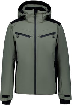 Grüne Herren-Winterjacke mit schwarzen Details und Kapuze.