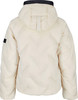 Rückansicht einer cremefarbenen Steppjacke mit Kapuze und schwarzem Besatz.