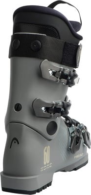 Grauer HEAD KORE 60 Skischuh mit schwarzem Kragen und Schnallen. Grauer HEAD KORE 60 Skischuh mit schwarzem Kragen und Schnallen.
