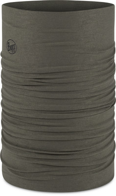 Grauer Buff-Schlauchschal mit Logo und Stofftextur.