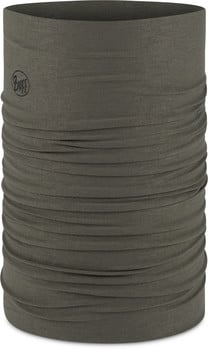 Grauer Buff-Schlauchschal mit Logo und Stofftextur.