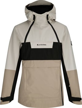 Beige Jacke mit schwarzen und weißen Einsätzen und Active Rebel Logo.