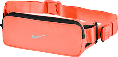 Orange Nike Laufgürteltasche mit silbernem Logo und verstellbarem Gurt.
