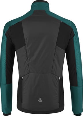 Rückseite einer dunkelgrauen Jacke mit petrolfarbenen Ärmeln und schwarzen Einsätzen. Rückseite einer dunkelgrauen Jacke mit petrolfarbenen Ärmeln und schwarzen Einsätzen.