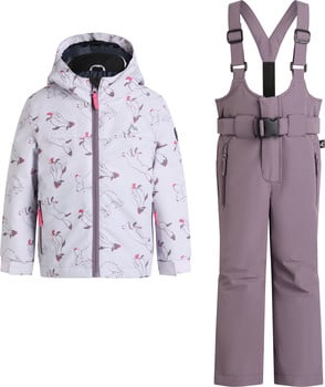 Skijacke und Latzhose mit Fuchs-Print in Grau und Rosa.