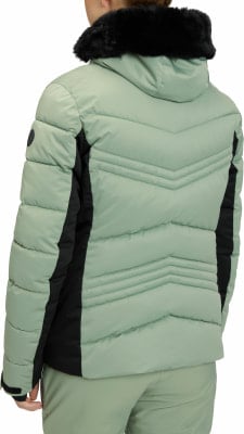 Rückansicht einer hellgrünen Daunenjacke mit schwarzen Einsätzen und Pelzkragen. Rückansicht einer hellgrünen Daunenjacke mit schwarzen Einsätzen und Pelzkragen.