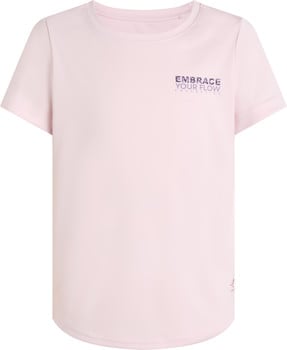 Růžové tričko s krátkým rukávem a nápisem „EMBRACE YOUR FLOW“.