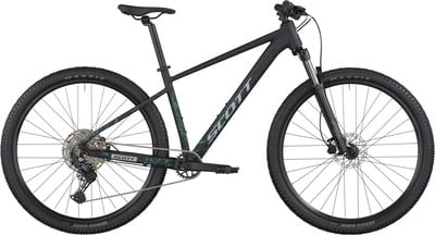 Schwarzes Scott Mountainbike mit Federgabel und Scheibenbremsen.