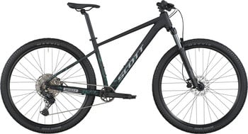 Schwarzes Scott Mountainbike mit Federgabel und Scheibenbremsen.