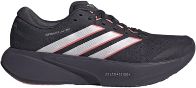 Schwarze Adidas Laufschuhe mit rosa und silbernen Streifen und weißer Schrift.