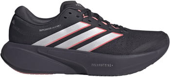 Schwarze Adidas Laufschuhe mit rosa und silbernen Streifen und weißer Schrift.