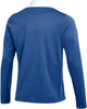 Rückansicht eines blauen Langarmshirts mit weißem Kragen.