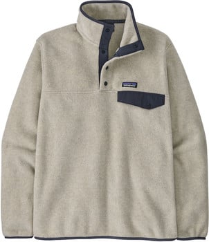 Hellbeiger Fleece-Pullover mit dunkelblauem Kragen und Brusttasche.