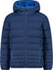 Blaue Daunenjacke mit Kapuze und blauem Innenfutter, Reißverschluss.