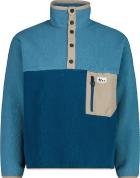 Blaue Fleecejacke mit beigem Kragen und Reißverschlusstasche.