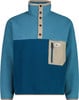 Blaue Fleecejacke mit beigem Kragen und Reißverschlusstasche.