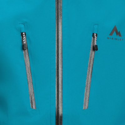 Blaue Jacke mit zwei seitlichen Reißverschlüssen und einem zentralen Reißverschluss. Blaue Jacke mit zwei seitlichen Reißverschlüssen und einem zentralen Reißverschluss.