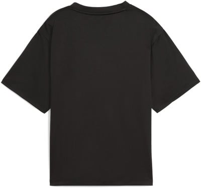 Schwarzes T-Shirt mit kurzen Ärmeln und Rundhalsausschnitt.