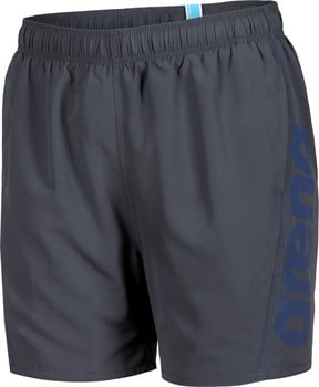 Graue Herren-Badeshorts mit blauem Arena-Logo an der Seite.
