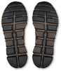Blick auf die Sohlen brauner Schuhe mit schwarzen Elementen und Cloudtec-Logo.