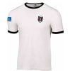 Ein weißes Fußballtrikot mit schwarzem Kragen und dem Logo des Österreichischen Fußballbundes.