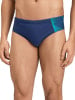 Herren-Badehose in Dunkelblau mit geometrischem Muster an der Seite.