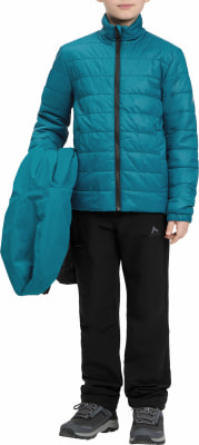 Ein Junge in einer blaugrünen Jacke und schwarzen Hosen hält eine Jacke in der Hand.