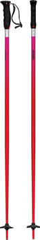 Zwei rote Skistöcke mit schwarzem Griff und pinkem Streifen.