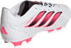 Weiße Adidas Predator Fußballschuhe mit rosa Streifen und schwarzem Schriftzug.