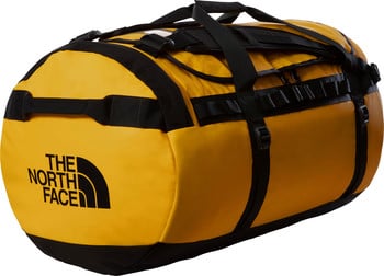 Gelbe The North Face Tasche mit schwarzem Logo und Gurten.