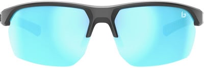 Graue Sportbrille mit blauen verspiegelten Gläsern und Logo.