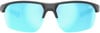 Graue Sportbrille mit blauen verspiegelten Gläsern und Logo.