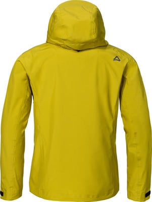 Rückansicht einer gelben Jacke mit Kapuze und Logo auf der Schulter. Rückansicht einer gelben Jacke mit Kapuze und Logo auf der Schulter.