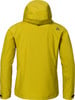 Rückansicht einer gelben Jacke mit Kapuze und Logo auf der Schulter.