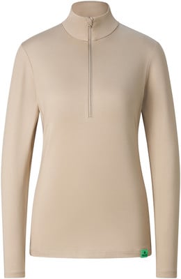 Damen-Pullover in Beige mit Stehkragen und Reißverschluss.