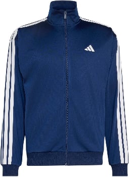 Blaue Adidas Jacke mit weißen Streifen an den Ärmeln und Logo.