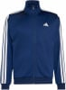 Blaue Adidas Jacke mit weißen Streifen an den Ärmeln und Logo.