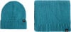 Blaue Strickmütze und Schal mit Markenlogo.