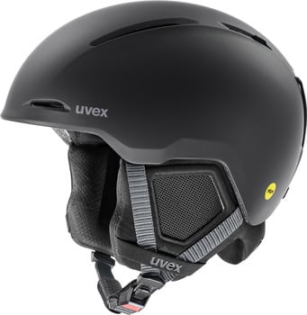 Schwarzer Uvex Skihelm mit MIPS-Technologie und einstellbarer Belüftung.