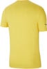 Gelbes T-Shirt mit kurzen Ärmeln und schwarzem Logo auf dem Ärmel.