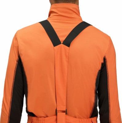 Rückseite einer orangefarbenen Jacke mit schwarzen Schultergurten und Seitenpaneelen. Rückseite einer orangefarbenen Jacke mit schwarzen Schultergurten und Seitenpaneelen.