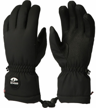 Schwarze Skihandschuhe mit Logo und verstellbarem Bund.