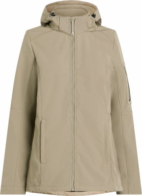 Beige Damenjacke mit Kapuze und Reißverschluss.