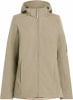 Beige Damenjacke mit Kapuze und Reißverschluss.